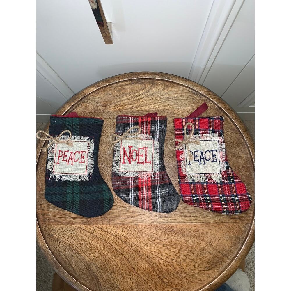 Plaid Christmas Stockings‎ Set of 3 with Burlap Cuff Holiday Decor